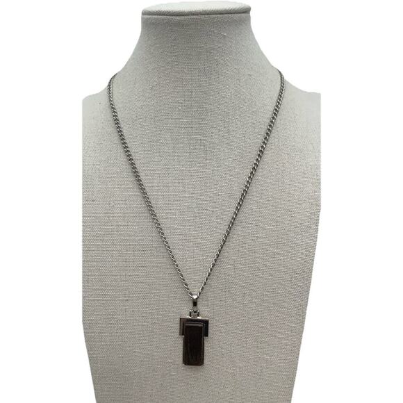Vintage Avon Modernist Silver Tone Wooden Pendant Necklace - Picture 1 of 5